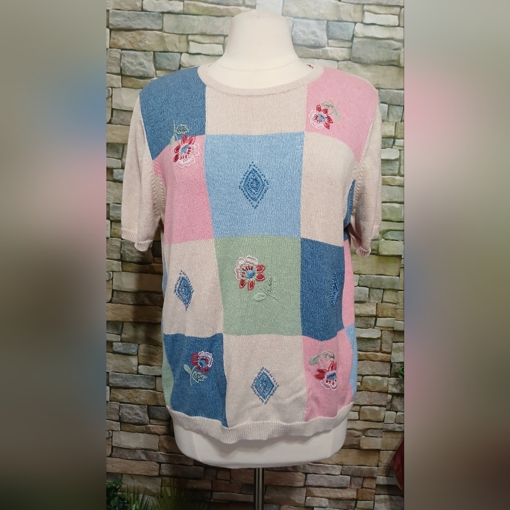 Womens Large Vintage Alfred Dunner Patchwork Sweater Embroidered Cottagecore